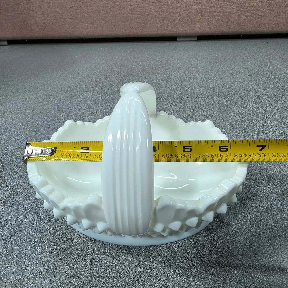 Fenton Basket Milk Glass White Excellent Hobnail Scalloped Split Handle 6.5in